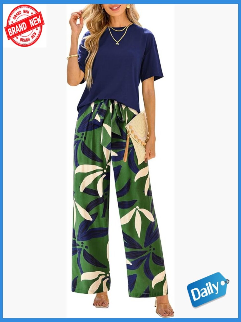Women 2 Piece Outfits Short Sleeve Knit Top Floral Wide Leg Pant Set